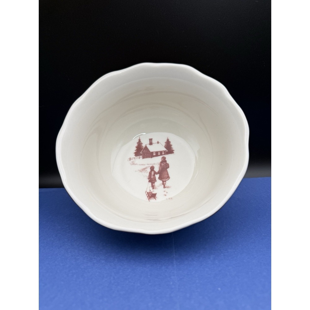 222 Fifth Poinsettia Toile Red Soup/Cereal Bowl Holiday Kids Snow